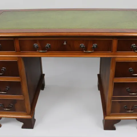 Vintage Georgian Style Pedestal Desk Green Leather Top