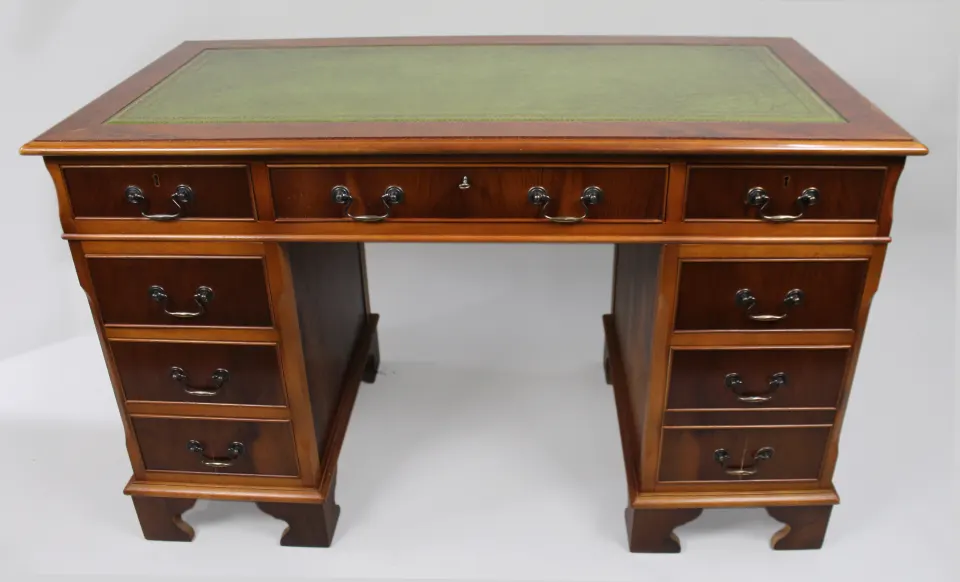 Vintage Georgian Style Pedestal Desk Green Leather Top