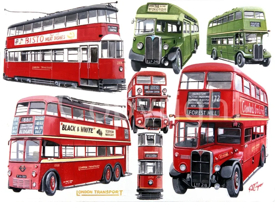 London Trams Trolley Bus And Buses Montage Metal Wall Art