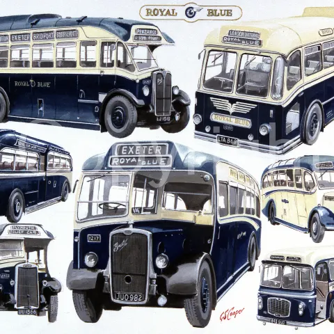 Royal Blue Dorset Bus Montage Large Metal Wall Art.