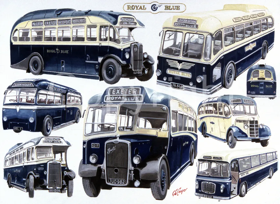 Royal Blue Dorset Bus Montage Large Metal Wall Art.