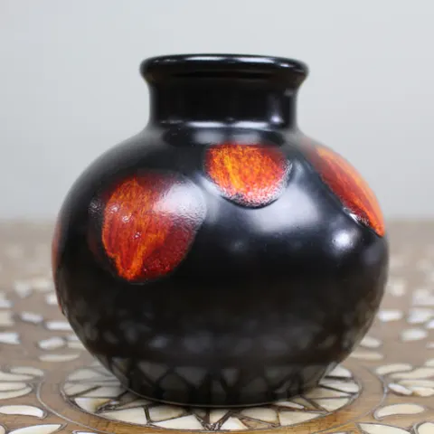 Vintage Poole Pottery Vase – Black Glaze with Red/Orange Motifs