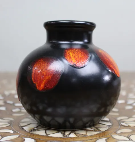 Vintage Poole Pottery Vase – Black Glaze with Red/Orange Motifs