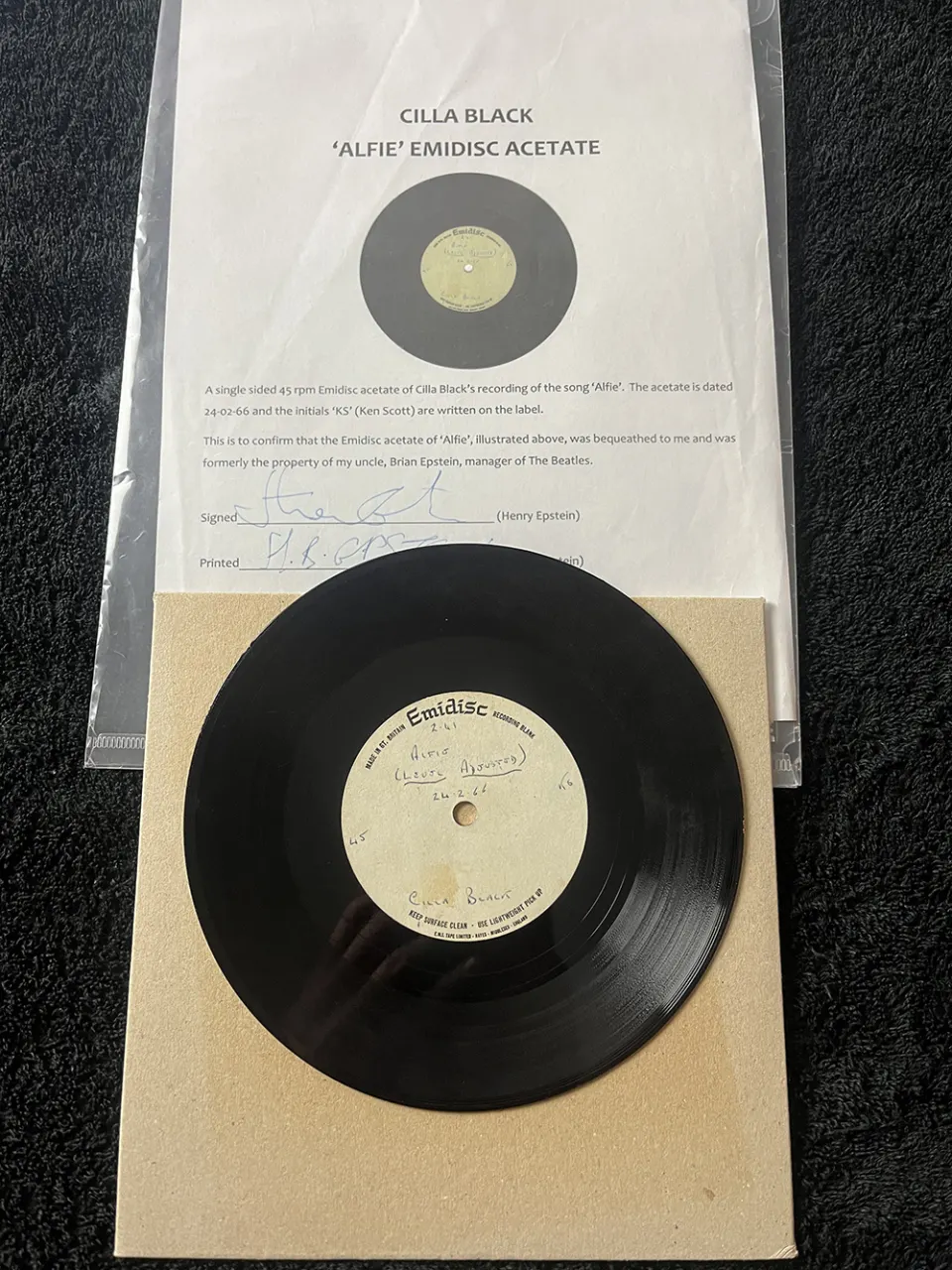 Cilla Black Acetate of The Record Alfie With COA From Henry Epstein
