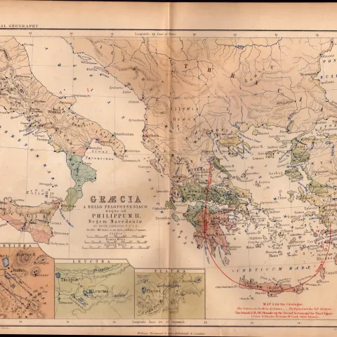 Antique 1867  Coloured Classical Map Greece, A Bello Peloponnesiaco.