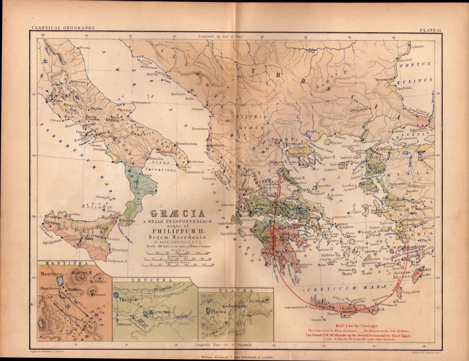 Antique 1867  Coloured Classical Map Greece, A Bello Peloponnesiaco.