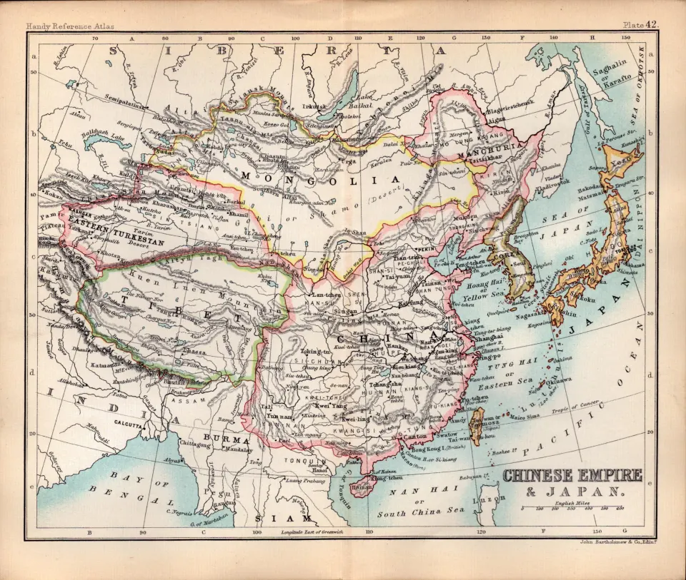 Chinese Empire & Japan Double Sided Victorian Antique 1898 Map.