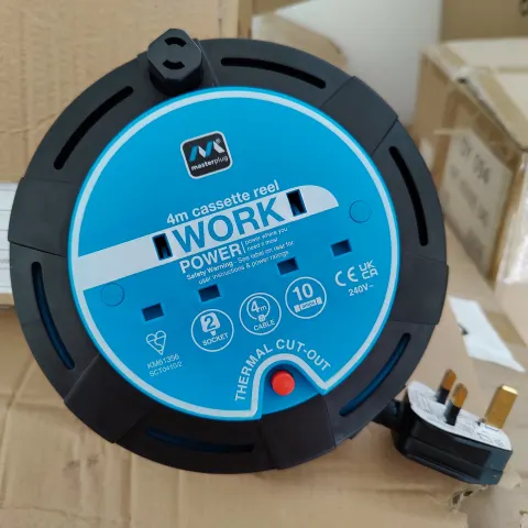 2 x NEW PACKAGED MASTERPLUG 4M CASSETTE EXTENSION REEL. WORK POWER. 10 AMPS.