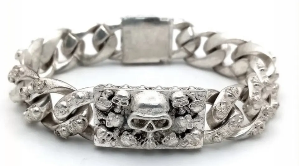 Vintage Tibetan 925 Silver Super Chunky Bracelet With Sculls 114gm L23cm
