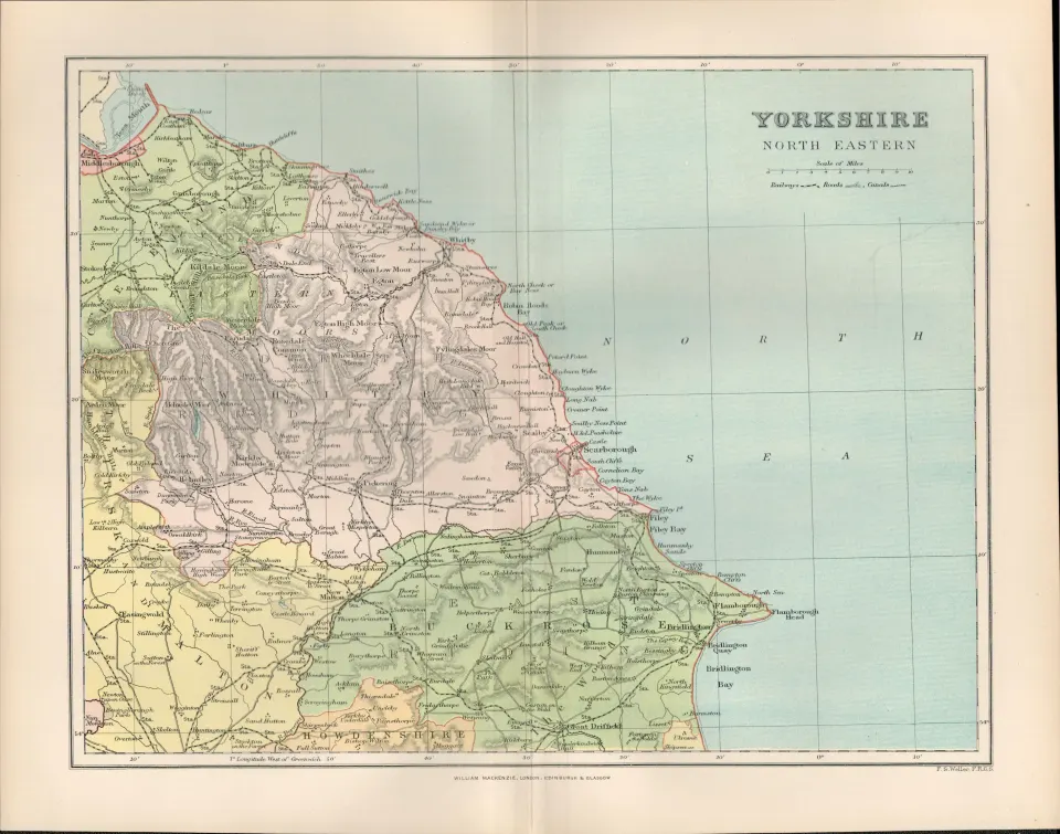 Yorkshire Whitby Robin Hood Bay Scarborough Filey 1894 Antique Map.