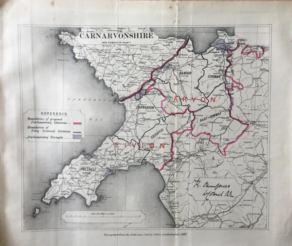 Antique 139 Years-Old Scarce Map Carnarvonshire Wales  1885 Boundary Changes.