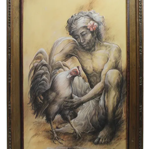 Man & Cockerel by Nyoman Ridi (Indonesian, 1945-)