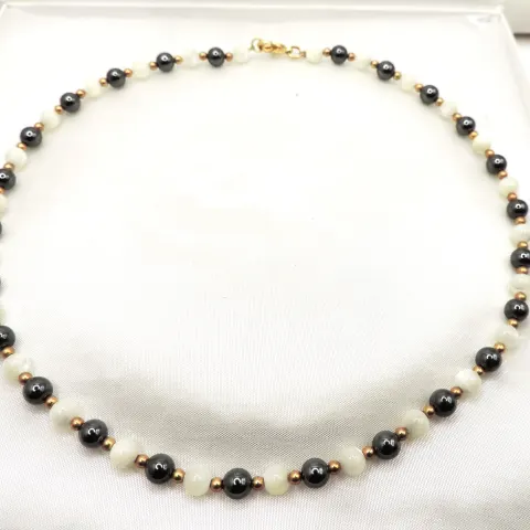 Hematite & White Jade Necklace New With Gift Pouch