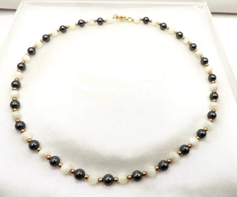 Hematite & White Jade Necklace New With Gift Pouch