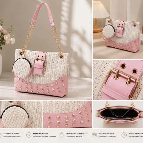 Luxury Pink Knit Rivet Shoulder Tote Bag with Chain Strap & Coin Purse