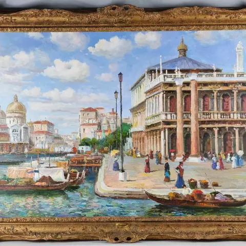 Original Oil On Canvas (Italian 20th Century) La Piazzetta
