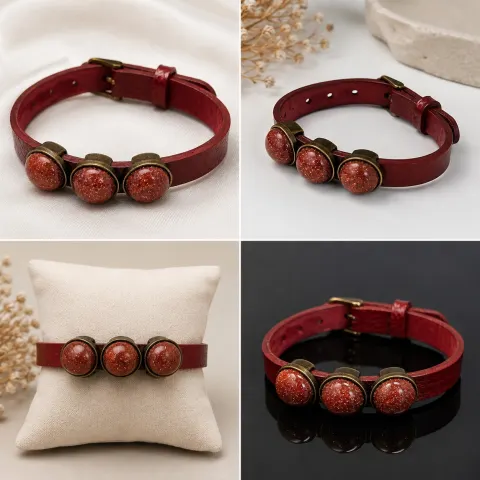 Red Leather Strap Bracelet with Three Decorative Stones