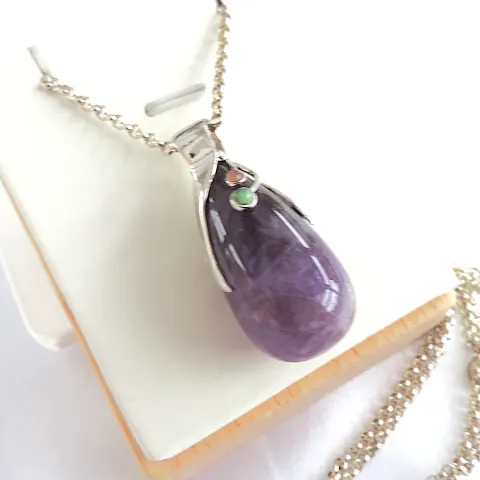  925 Silver Polished Amethyst Gemstone Pendant Necklace 'New'