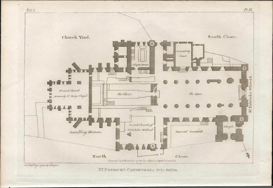 St Patricks Cathedral Plan Dublin 1791 Francis Grose Antique Print.