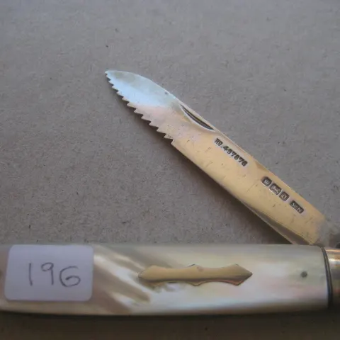 Rare Edwardian Mother of Pearl Hafted Saw Silver Bladed Folding Fruit Knife