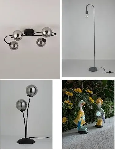 4 x Mixed Lighting. 1 x black Glass Ceiling Fitting 50206782. 1 x Black Curved Floor Lamp 17C.SS.20