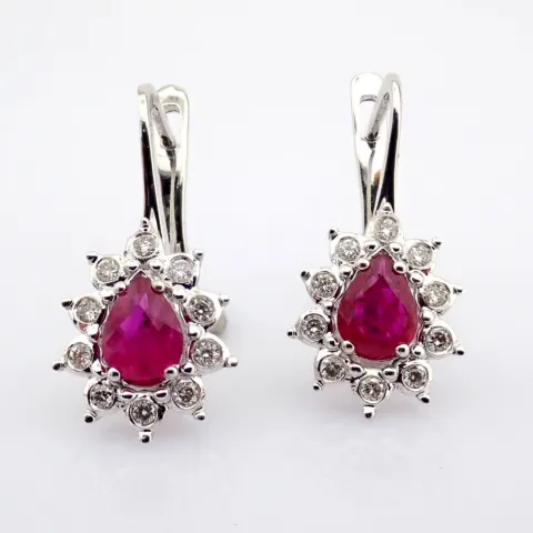 18K White Gold Cluster Earrings, Detailed With Ruby and Brilliant Diamonds