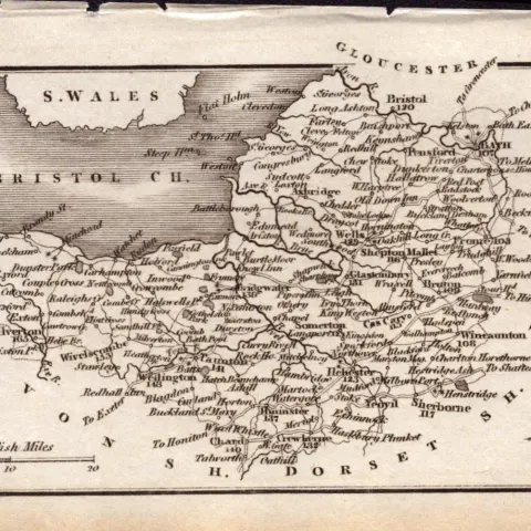 Somersetshire Antique Copper Engraved George IV Map by Sidney Hall.