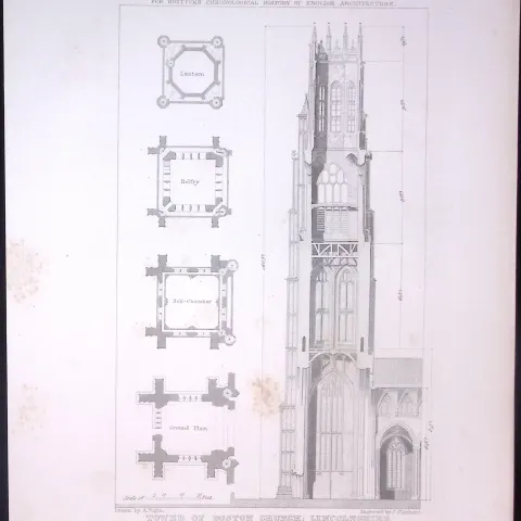 Boston Tower Lincolnshire 190 Years-Old John Britton Antique Steel Engraving-325.