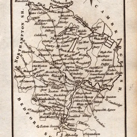 Huntingdon Antique Copper Engraved George IV Map by Sidney Hall.