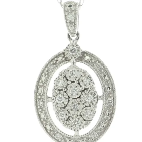 9ct White Gold Oval Cluster Halo Diamond Pendant And chain 0.10 Carats