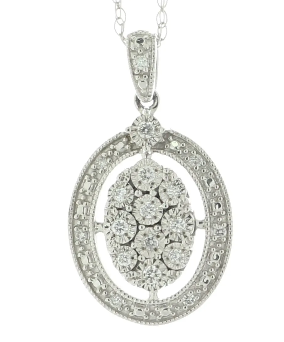 9ct White Gold Oval Cluster Halo Diamond Pendant And chain 0.10 Carats