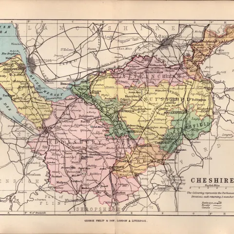 County Cheshire 1895 Antique Victorian Detailed Coloured Map.