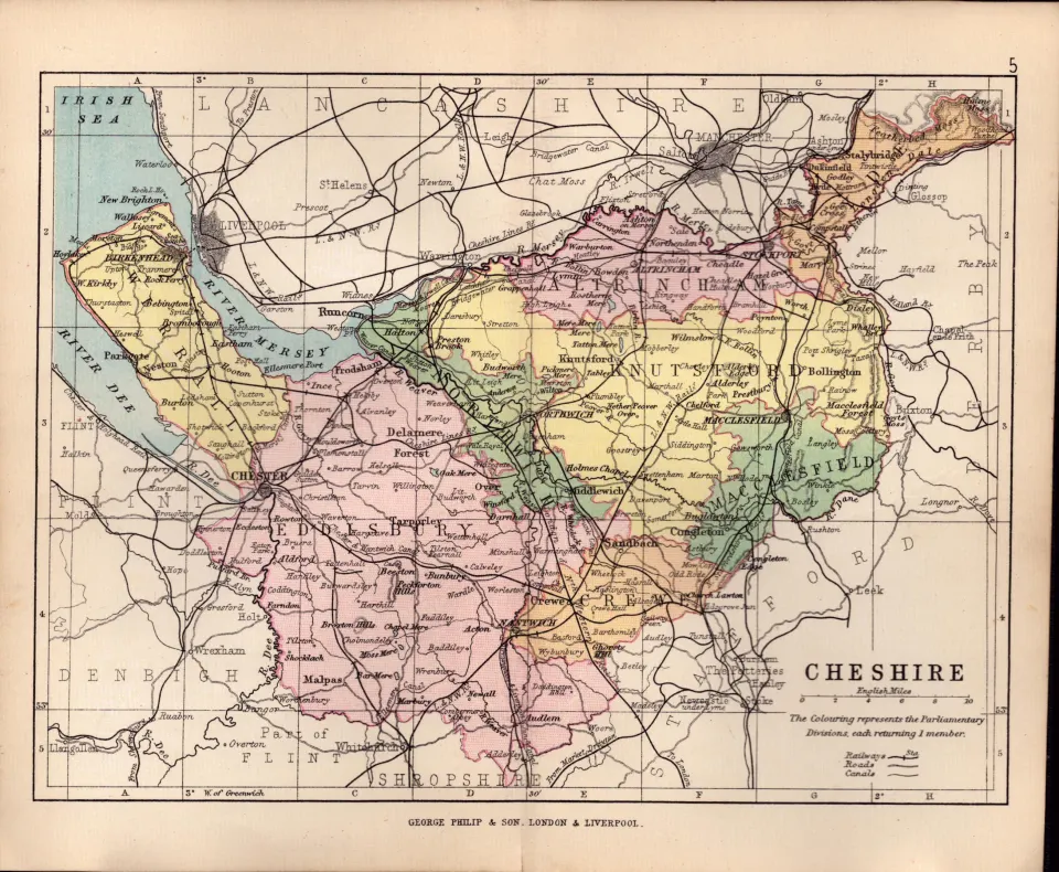 County Cheshire 1895 Antique Victorian Detailed Coloured Map.