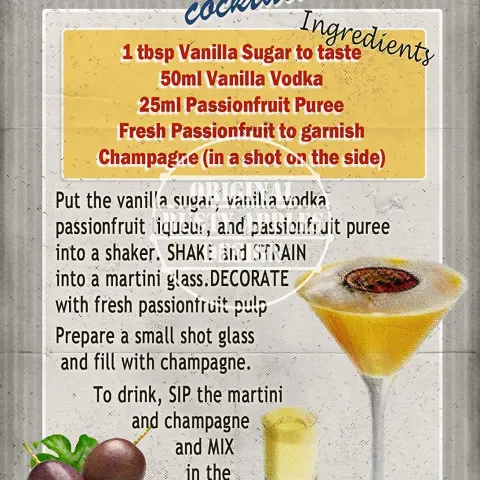 Pornstar Martini Cocktail Authentic Recipe Large Metal Wall Art