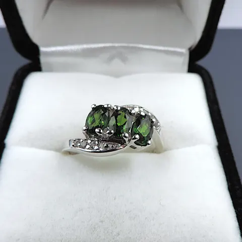 Sterling Silver Green Diopside & White Topaz Ring New With Gift Pouch