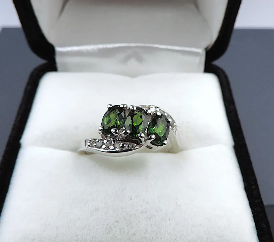 Sterling Silver Green Diopside & White Topaz Ring New With Gift Pouch