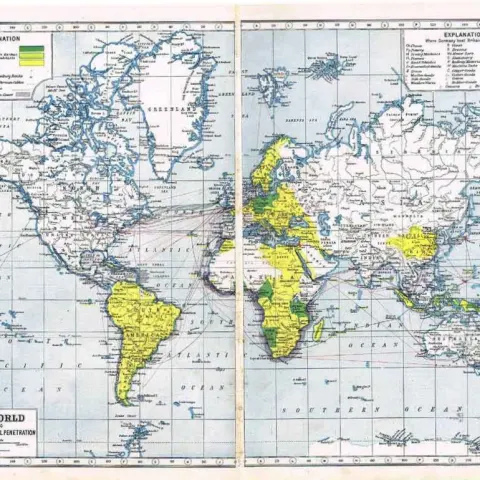 WW1 Germany Peaceful Penetration Coloured Large Antique Map 1922.