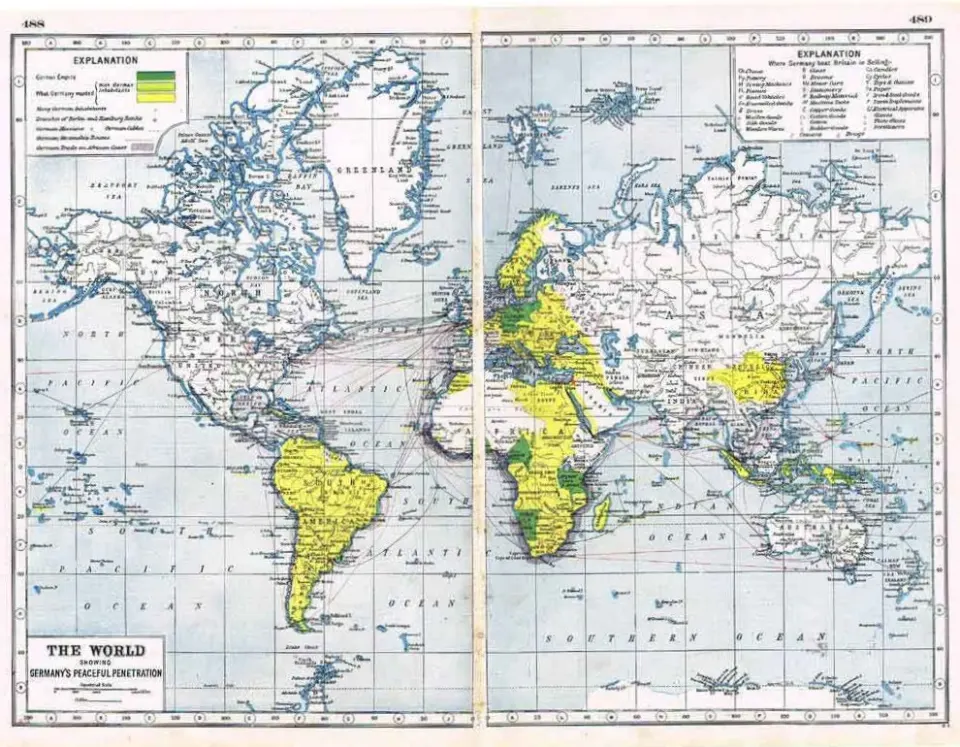 WW1 Germany Peaceful Penetration Coloured Large Antique Map 1922.