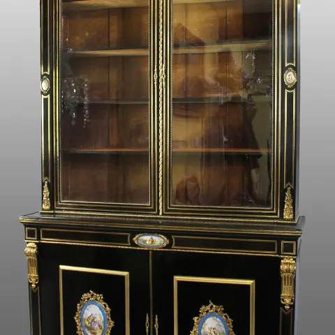 French Brass Inlaid Ebonized Bookcase with Sevres Plaques c.1820