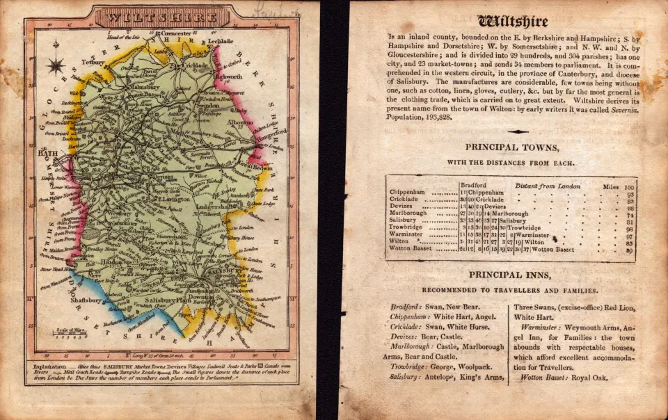 Wiltshire Engraved Hand Coloured George IV Antique Map & Text.