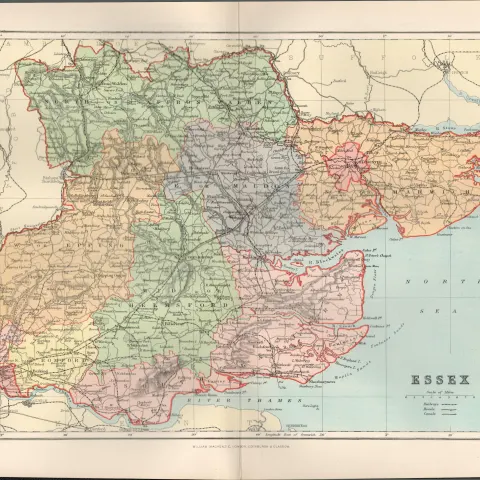 Essex Detailed Victorian 1894 Coloured Antique Map.