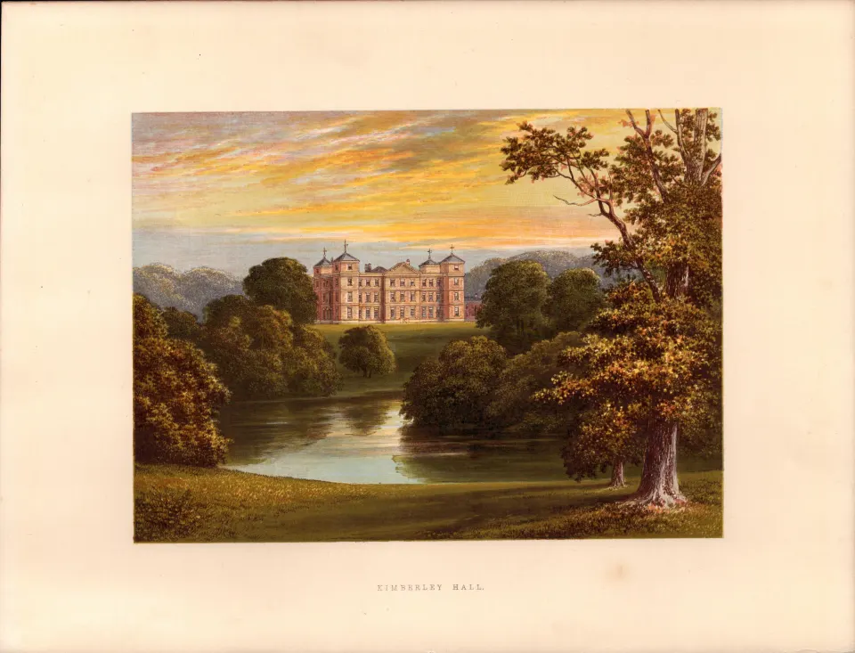 Kimberley Hall Nr Wymondham Norfolk Gilt-Edge Coloured Antique Book Plate.