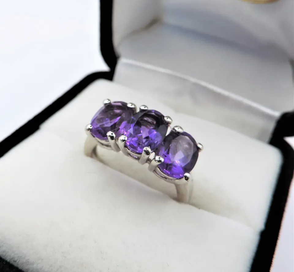 Trilogy Amethyst Ring Sterling Silver 3.75 carats New with Gift Pouch