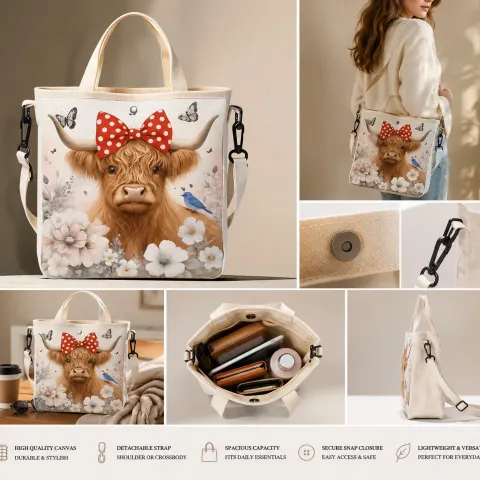 Highland Cow Crossbody Tote Bag – Floral Canvas Shoulder Handbag with Detachable Strap