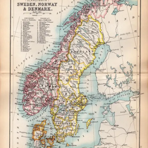 Sweden Norway Denmark Area Double Sided Antique 1896 Map.