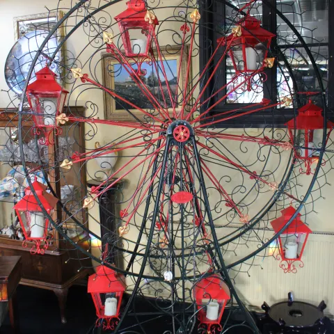 Very Large Painted Metal Garden Ferris Wheel with Lanterns