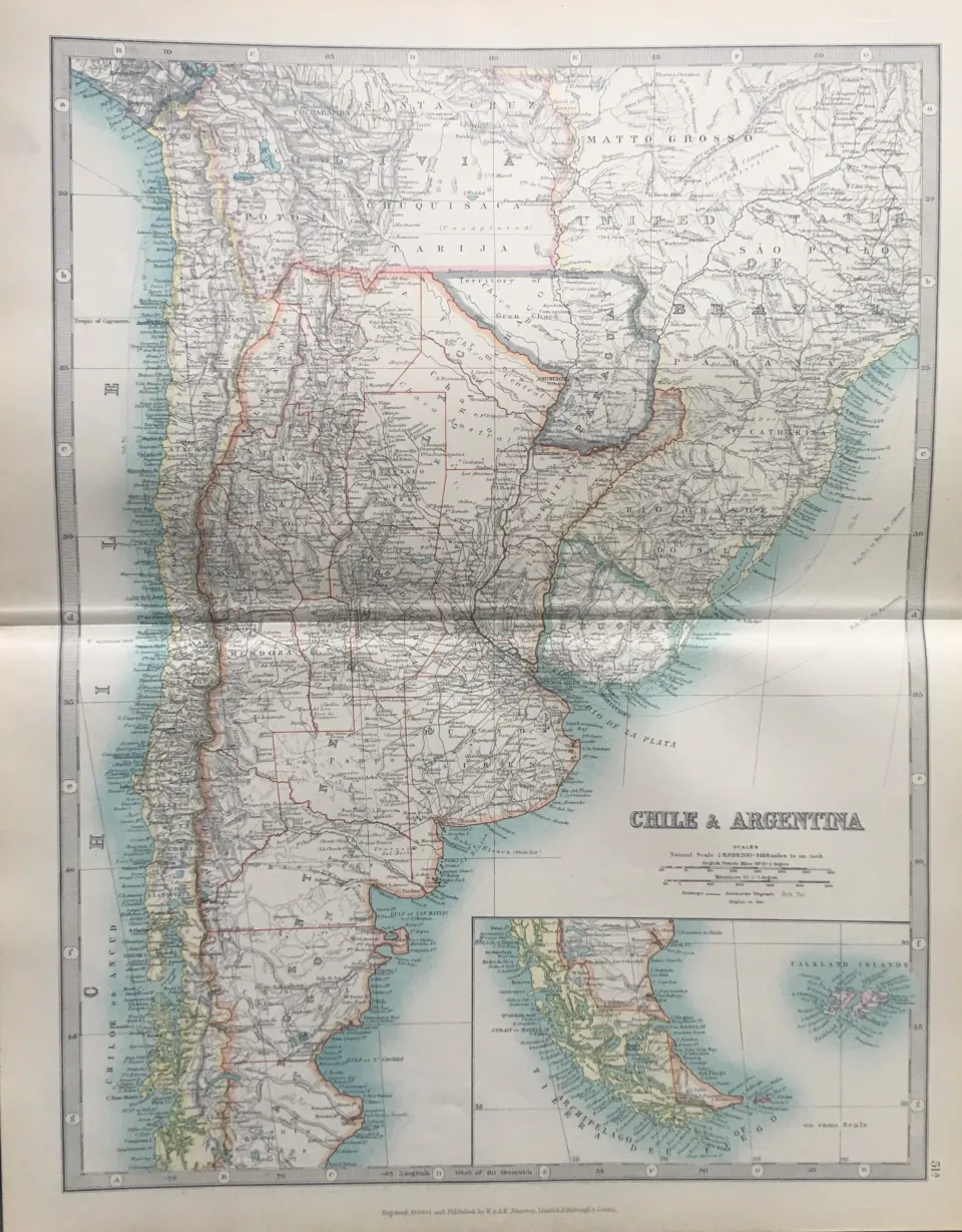 Chile & Argentina Buenos  Montevideo Aires Lima Etc Large Antique Map.