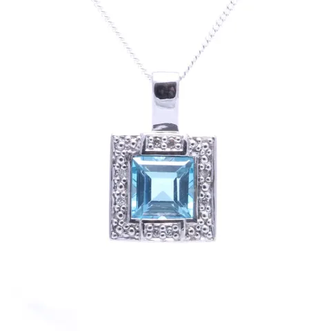 9ct White Gold Blue Topaz Diamond Cluster Pendant 0.04