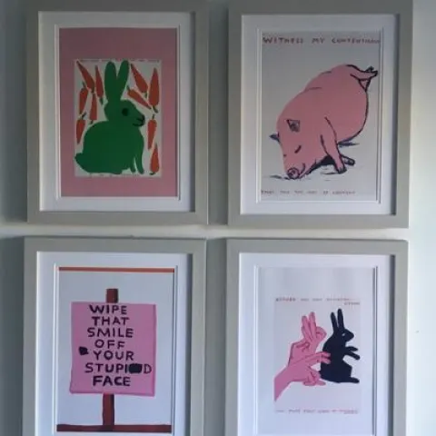 David Shrigley OBE (b 1968) ‘Bunny Rabbits’, Four Humorous Wall Hangings, Animal Thoughts, 2020