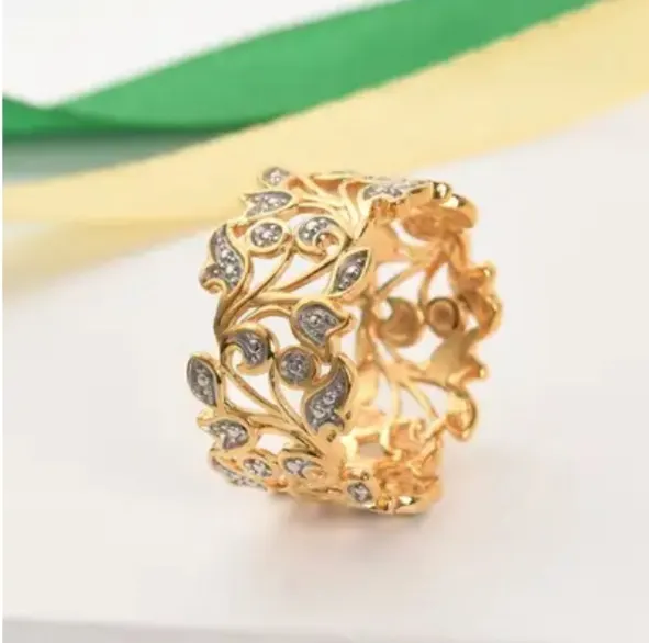 NEW!! Designer Inspired- Diamond Leaf Ring in 18K Vermeil Yellow Gold Overlay Sterling Silver